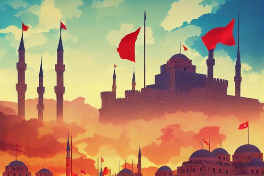 2d drawing Ankara castle and Turkish Flag th 2 Ankara became the Capital city of Turkey concept illustration , Anime style no watermark