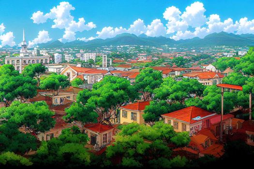 anime style, St George's Grenada August 23 2022 Commercial buildings historical landmarks and residential buildings in St George's the capital city of Grenada , Anime style no watermark