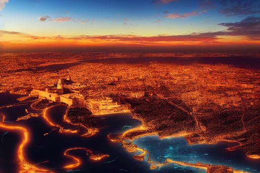 anime style, Aerial drone sunrise illustration Ancient capital city of Valletta Malta Island Country of Europe in the Mediterranean Sea , Anime style no watermark