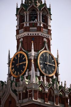 Spasskaya Tower of Moscow Kremlin. Famous chimes are the main clock of Russia. Sights of Russia, a historical building, symbol of the country. A Popular Attraction In Moscow.