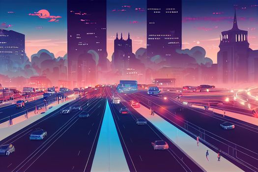 cartoon drawing Car traffic pollution traffic jam in the morning and evening in the capital city of Bucharest Romania , Anime style