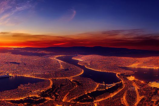 anime style, Panorama of Greece capital Athens at sunset Greece Europe View of the city from above , Anime style