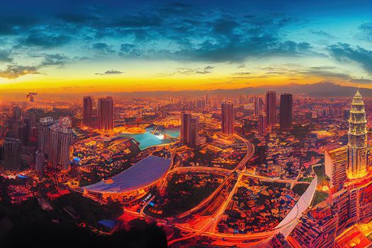 Cartoon drawing Cartoon drawing Kuala Lumpur Malaysia June Aerial view Panorama illustration of the Kuala Lumpur City of Malaysia Sunrise illustration , Anime style no watermark