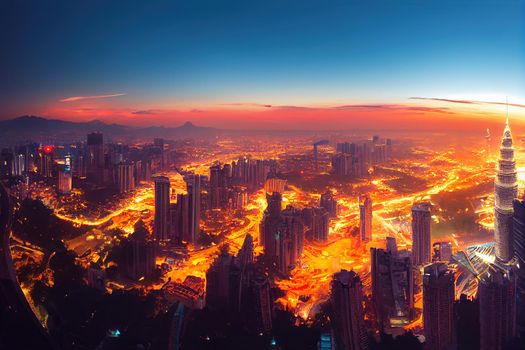 Cartoon drawing Cartoon drawing Kuala Lumpur Malaysia June Aerial view Panorama photo of the Kuala Lumpur City of Malaysia Sunrise photo , Anime style