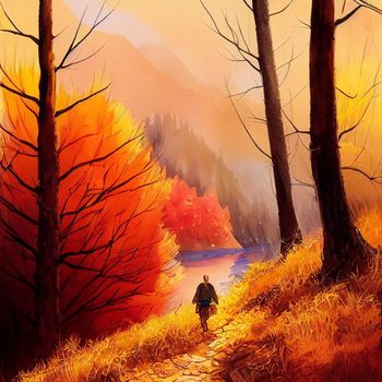 hiking in the autumn mountains, watercolor drawing. High quality illustration