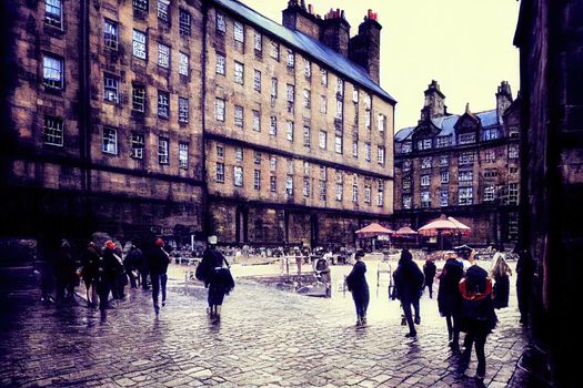 anime Tourists walking around the capital city This is a famous landmark Edinurgh city centre scotland Uk th 2 , Anime style no watermark