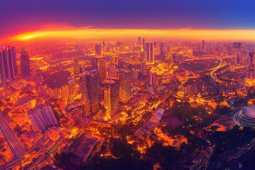 toon drawing toon drawing Kuala Lumpur Malaysia June Aerial view Panorama illustration of the Kuala Lumpur City of Malaysia Sunrise illustration , Anime style no watermark