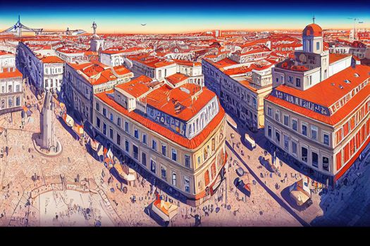 Cartoon style Panorama of Rossio Square in old downtown Lisbon Portugal , Anime style no watermark