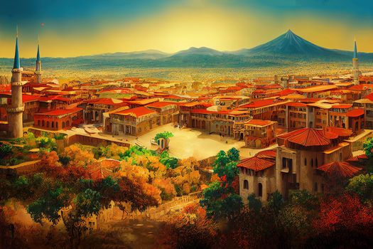 Cartoon drawing Ankara Castle in Ankara capital city of Turkey , Anime style no watermark