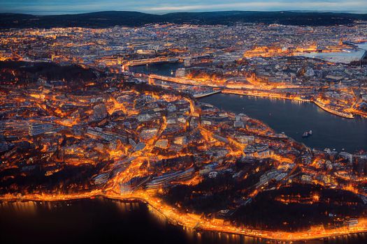 Cartoon style Oslo Norway City center from the air Embankment Oslo Fjord Oslo Opera House From Drone , Anime style