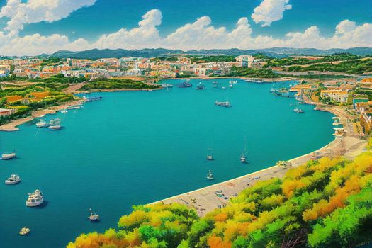 anime style, Mahon Menorca view to the natural harbour Part of the capital city of Menorca Spain , Anime style