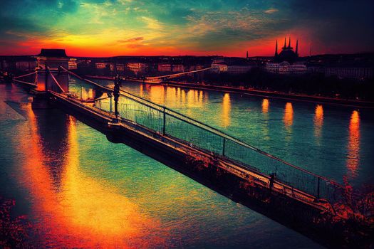 anime style, Chain bridge in Budapest Hungary , Anime style