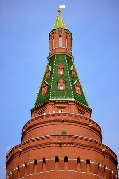 Corner Arsenal (Sobakina) tower of the Moscow Kremlin. The most massive of all the towers of the Kremlin. A Popular Attraction In Moscow. 11.05.2022 Moscow, Russia.