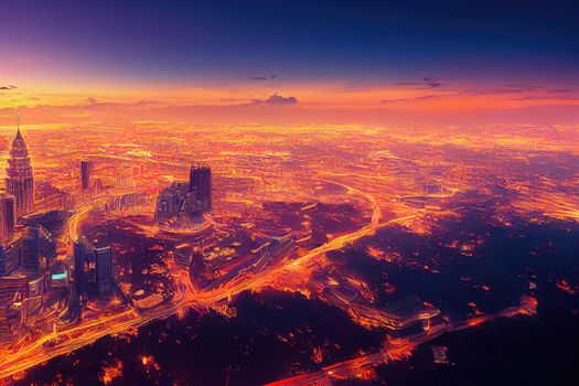 Cartoon drawing Cartoon drawing Kuala Lumpur Malaysia June Aerial view Panorama illustration of the Kuala Lumpur City of Malaysia Sunrise illustration , Anime style no watermark