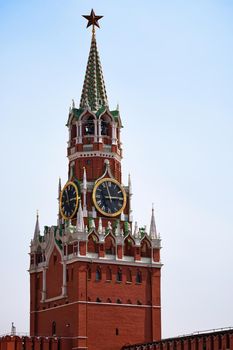 Spasskaya Tower of Moscow Kremlin. Famous chimes are the main clock of Russia. Sights of Russia, a historical building, symbol of the country. A Popular Attraction In Moscow.