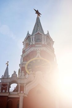 Spasskaya Tower of Moscow Kremlin. Famous chimes are the main clock of Russia. Sights of Russia, a historical building, symbol of the country. A Popular Attraction In Moscow.