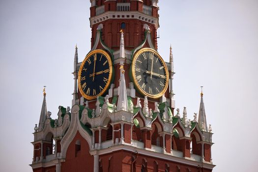 Spasskaya Tower of Moscow Kremlin. Famous chimes are the main clock of Russia. Sights of Russia, a historical building, symbol of the country. A Popular Attraction In Moscow.