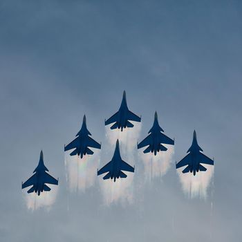 Performance of the aerobatic team Russian Knights, Russian Air Force. On planes Sukhoi Su-30SM, NATO code name: Flanker-C. International Military-Technical Forum Army-2020 . 09.25.2020, Moscow, Russia