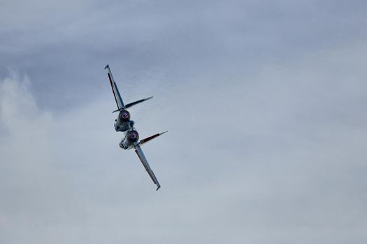 Performance of the aerobatic team Russian Knights, Russian Air Force. On planes Sukhoi Su-30SM, NATO code name: Flanker-C. International Military-Technical Forum Army-2020 . 09.25.2020, Moscow, Russia