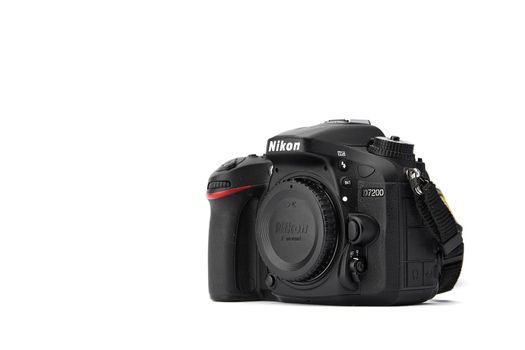 Nikon DSLR Camera Nikon D7200 isolated on white background. Detail photos of Nikon D7200 body with grip. 03.04.2021, Rostov region, Russia.