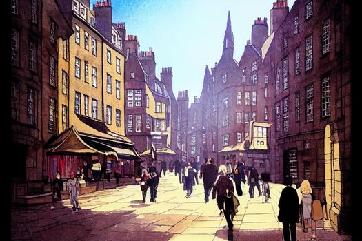 cartoon drawing Tourists walking around the capital city This is a famous landmark Edinurgh city centre scotland Uk th 2 , Anime style no watermark