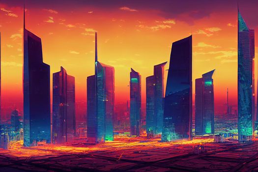 anime style, Sunset over large buildings equipped with the latest technology King Abdullah Financial District in the capital Riyadh Saudi Arabia , Anime style