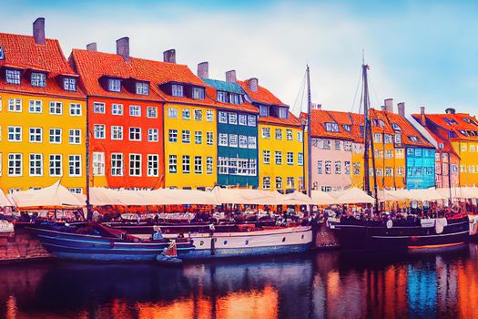 Cartoon style Panorama of north side of Nyhavn with colorful facades of old houses and old ships in the Old Town of Copenhagen capital of Denmark , Anime style