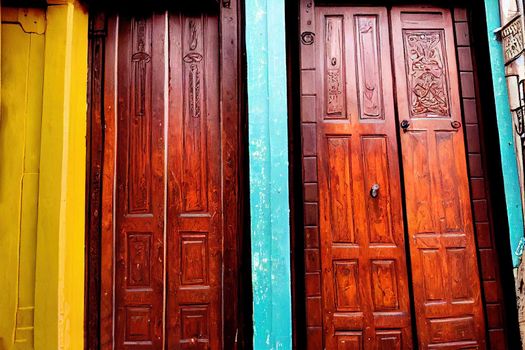 cartoon drawing Vintage carving wooden doors in Kala the oldest part of the capital city of Georgia , Anime style no watermark