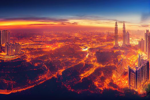 Cartoon drawing Cartoon drawing Kuala Lumpur Malaysia June Aerial view Panorama illustration of the Kuala Lumpur City of Malaysia Sunrise illustration , Anime style no watermark