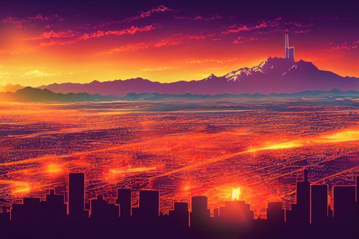 anime style, Downtown Salt Lake City skyline cityscape of Utah in USA at sunset , Anime style no watermark