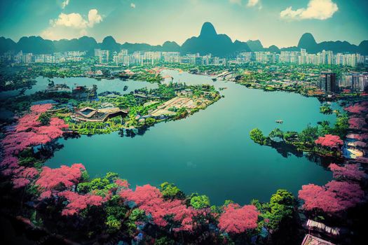 anime style, Aerial skyline view of West Lake in Hanoi Vietnam , Anime style no watermark
