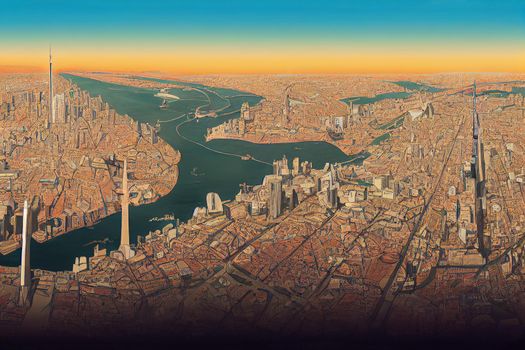 Cartoon drawing Aerial view of Buenos Aires city with Obelisk and de julio avenue Buenos Aires Argentina , Anime style no watermark