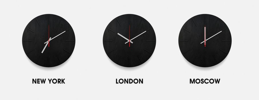 Set of stylish black clock for time zones different cities. Black and white watch on a white background.