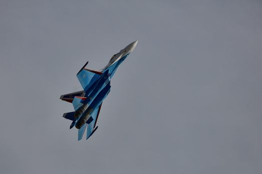 Performance of the aerobatic team Russian Knights, Russian Air Force. On planes Sukhoi Su-30SM, NATO code name: Flanker-C. International Military-Technical Forum Army-2020 . 09.25.2020, Moscow, Russia