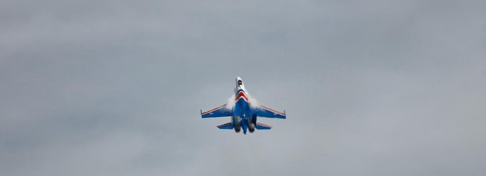 Performance of the aerobatic team Russian Knights, Russian Air Force. On planes Sukhoi Su-30SM, NATO code name: Flanker-C. International Military-Technical Forum Army-2020 . 09.25.2020, Moscow, Russia