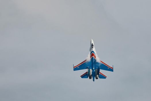 Performance of the aerobatic team Russian Knights, Russian Air Force. On planes Sukhoi Su-30SM, NATO code name: Flanker-C. International Military-Technical Forum Army-2020 . 09.25.2020, Moscow, Russia