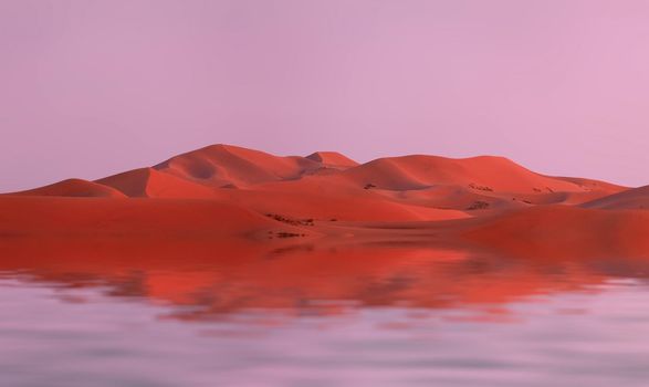 Beautiful sand dunes are reflected in the water. View of the sand dunes.