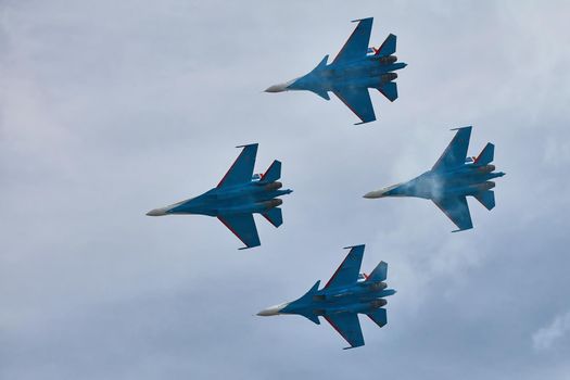Performance of the aerobatic team Russian Knights, Russian Air Force. On planes Sukhoi Su-30SM, NATO code name: Flanker-C. International Military-Technical Forum Army-2020 . 09.25.2020, Moscow, Russia
