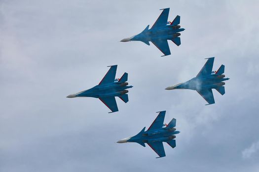 Performance of the aerobatic team Russian Knights, Russian Air Force. On planes Sukhoi Su-30SM, NATO code name: Flanker-C. International Military-Technical Forum Army-2020 . 09.25.2020, Moscow, Russia