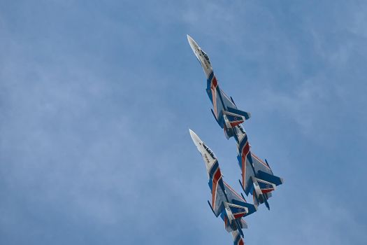 Performance of the aerobatic team Russian Knights, Russian Air Force. On planes Sukhoi Su-30SM, NATO code name: Flanker-C. International Military-Technical Forum Army-2020 . 09.25.2020, Moscow, Russia