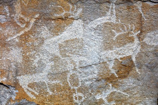 Rock paintings of ancient people. Image of ancient hunters with deer on the wall. ancient art, history, archeology