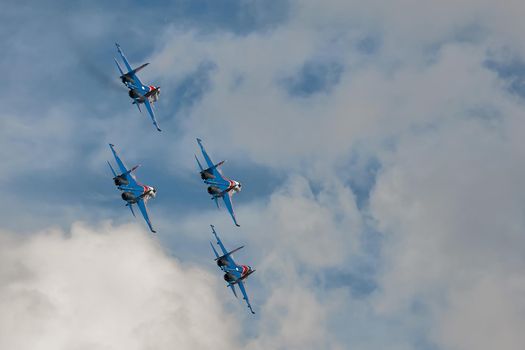 Performance of the aerobatic team Russian Knights, Russian Air Force. On planes Sukhoi Su-30SM, NATO code name: Flanker-C. International Military-Technical Forum Army-2020 . 09.25.2020, Moscow, Russia