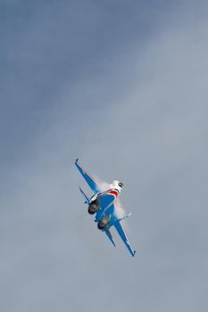 Performance of the aerobatic team Russian Knights, Russian Air Force. On planes Sukhoi Su-30SM, NATO code name: Flanker-C. International Military-Technical Forum Army-2020 . 09.25.2020, Moscow, Russia