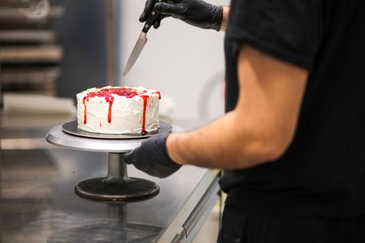 Bleeding monster cake with knife on cake stand