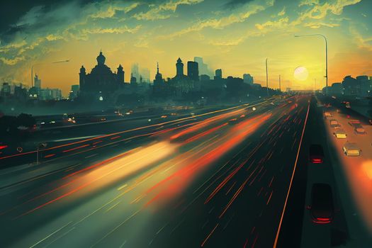 cartoon drawing Car traffic pollution traffic jam in the morning and evening in the capital city of Bucharest Romania , Anime style