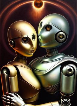 Pair of shiny metal humanoid androids embrace each other, AI generated 3D illustration