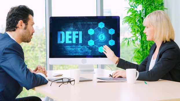 Decentralized finance or DeFi concept on modish computer screen . The defi system give new choice of investment and money saving .