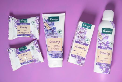 set of Kneipp cosmetics for douche with Lavender As,Belgium, June 30,2022. High quality photo