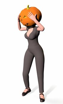 a girl with a pumpkin on her head on a white background 3d-rendering.
