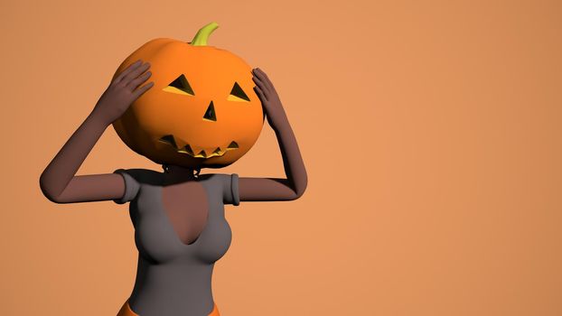 ck girl with a pumpkin on her head on an orange background 3d-rendering.